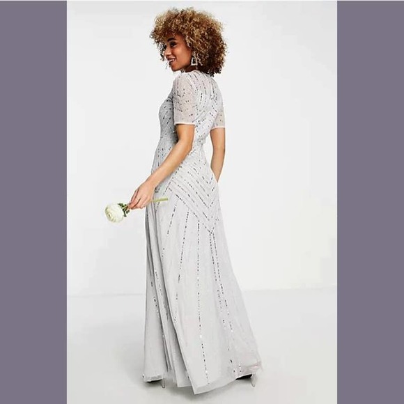 Frock and Frill Size 4 Bridesmaid Short Sleeve Maxi Gown Dress In Light Gray - Picture 3 of 12